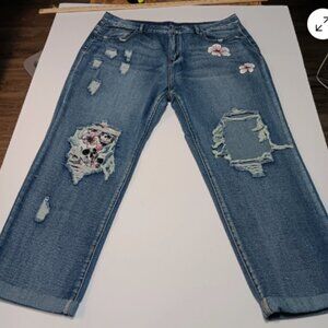 Distressed Medium Wash 3XL Cuffed Jeans w/ Skull & Floral Accents‎ Edgy Style B2